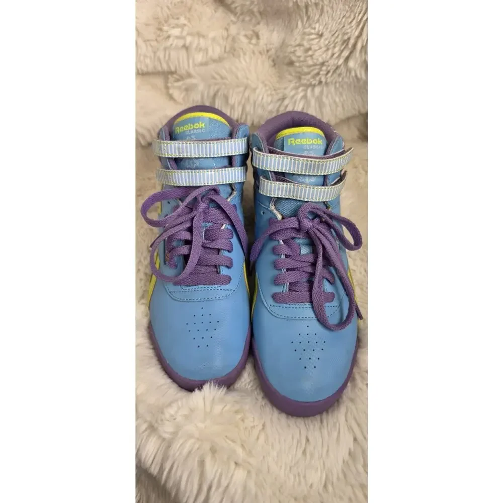 Reebok Freestyle Hi Classic Blue Bomb Neon Kids Girls Sneakers Size 5 Retro 80s